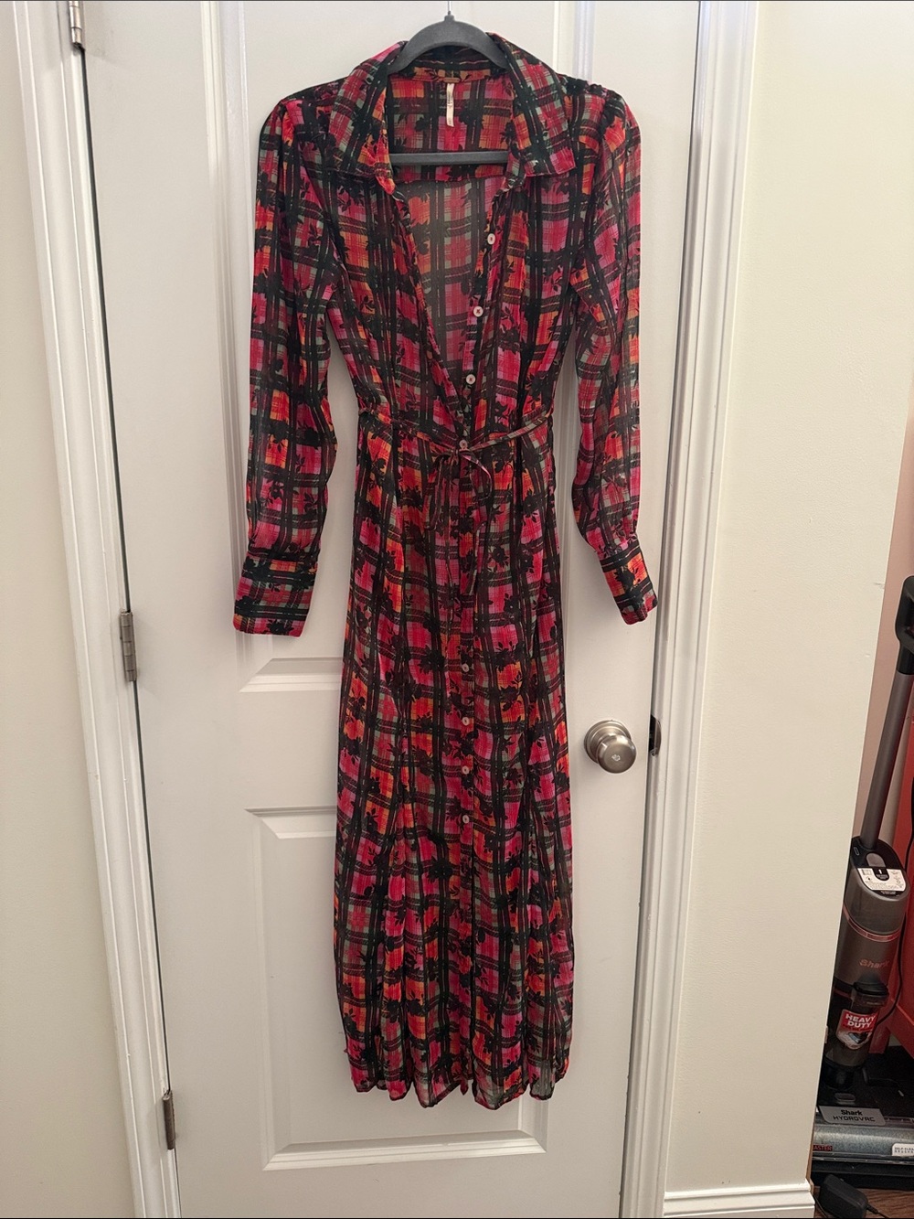 Free People Red Plaid Floral Maxi Shirt Dress